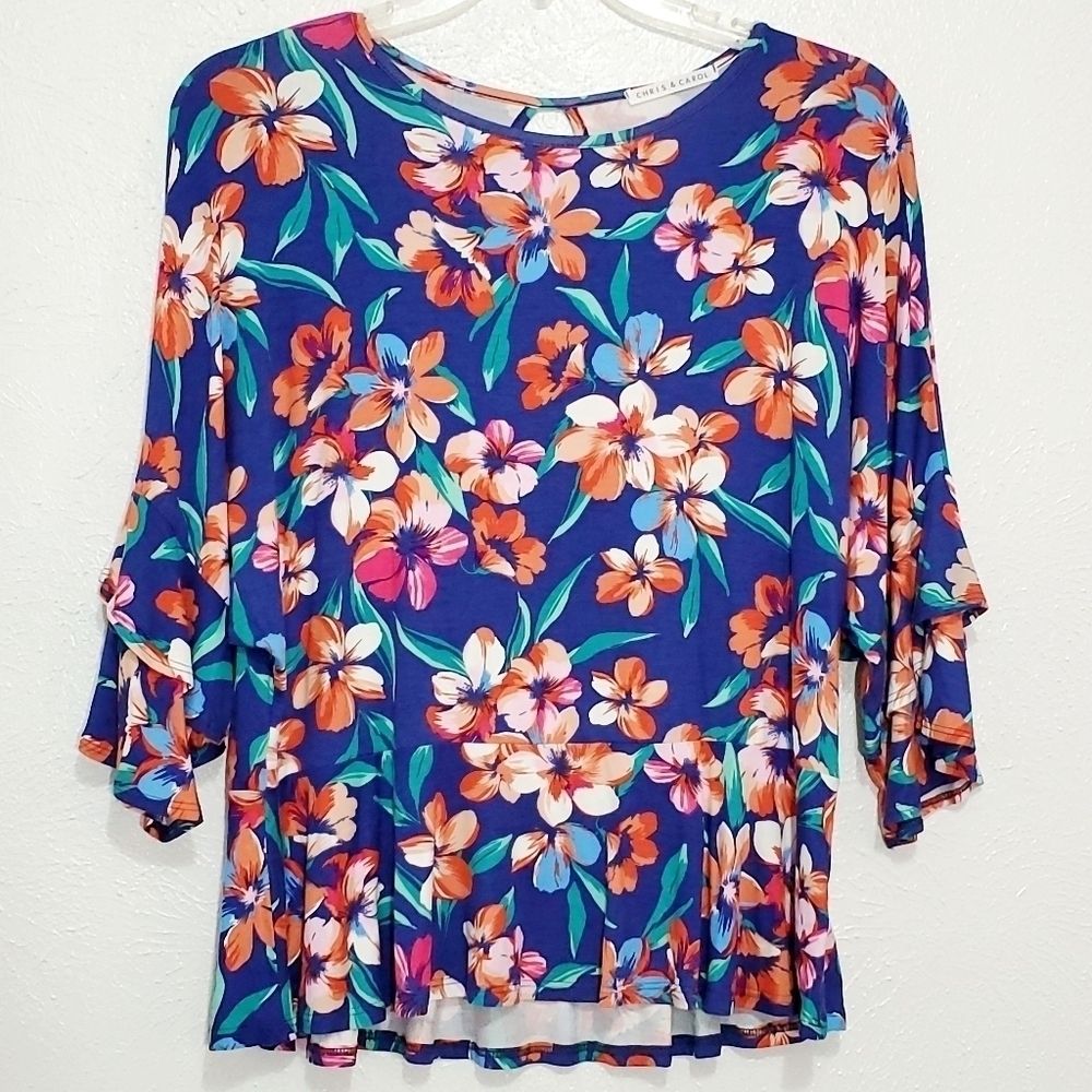 SALE 4/$30 Chris & Carol Blue Floral Peplum Blouse